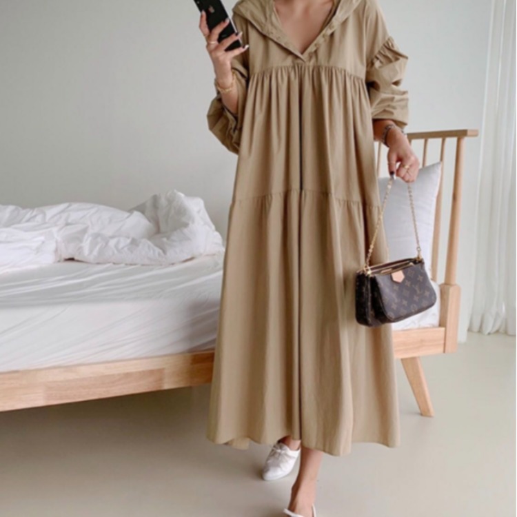 Cross-border Source Women's Korean New chic Hooded Loose Long Dress Large Size Casual Shirt Long Dress