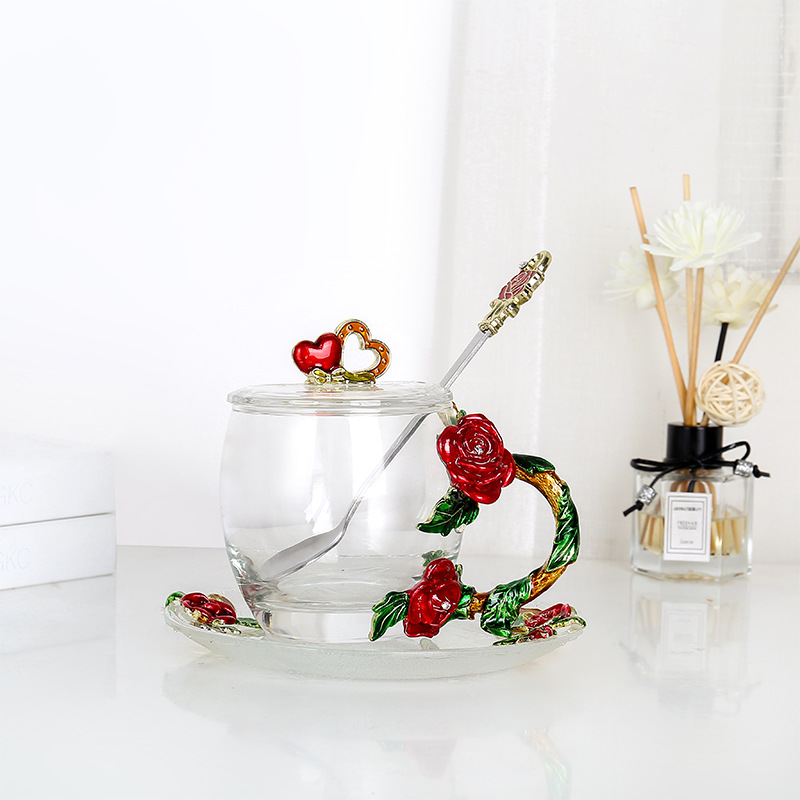 Rose esmalte taza de vidrio hogar resistente a altas temperaturas taza de separación de té de oficina juego de té pareja taza de regalo fábrica