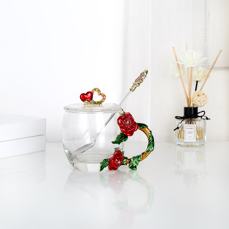 Rose esmalte taza de vidrio hogar resistente a altas temperaturas taza de separación de té de oficina juego de té pareja taza de regalo fábrica