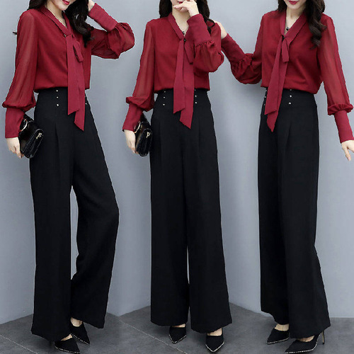 Wide-leg pants leisure set for women, 2025 new fashion Korean style loose long-sleeved two-piece set, draping relaxed street style