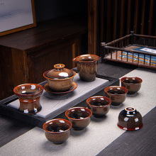 新款窑变釉拉丝10头功夫茶具家用陶瓷建盏泡茶壶商务礼品