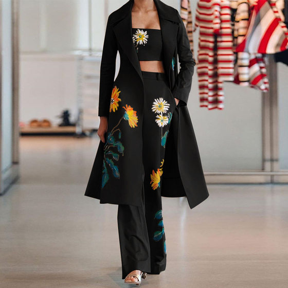 FD123 in stock 2025 Fall/Winter European and American Fashion Street Photographic Long Windbreaker Wrap Chest Bell Pants Three-piece Suit