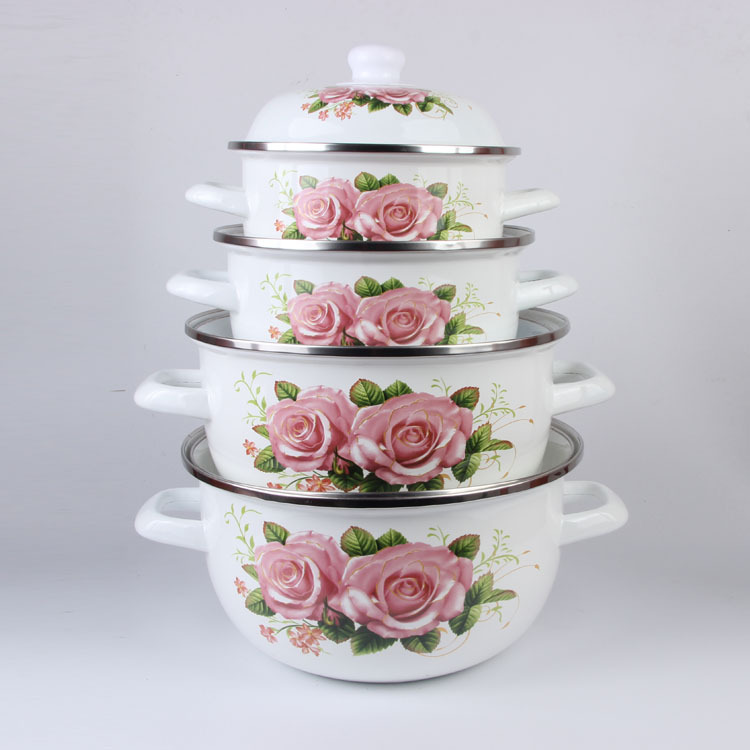Wholesale Thickened Enamel Pot, All-White Floral Universal Pot, Medicinal Pot, Stew Pot, Gift Household Double-Handle Soup Pot