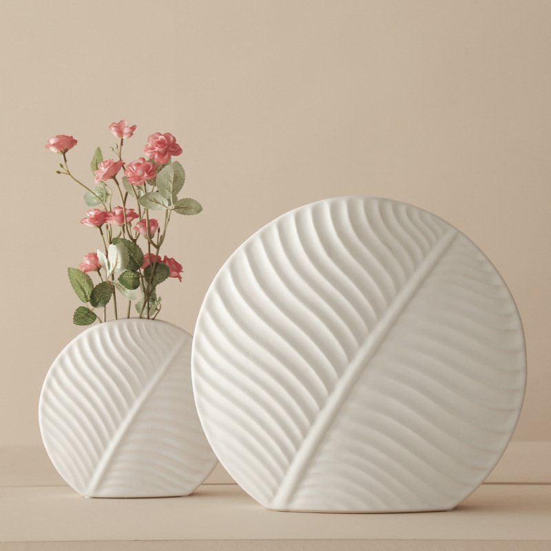 ins Nordic Flower-arranging Flat Vase White Leaves Ceramic Soft Decoration Ornaments Crafts Personalized Creative Flower Device