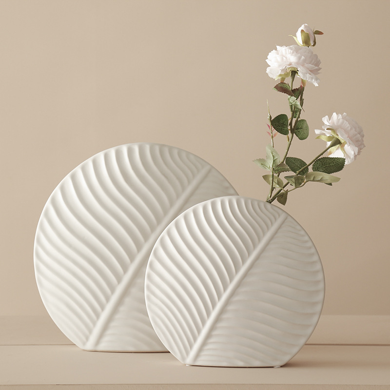 ins Nordic Flower-arranging Flat Vase White Leaves Ceramic Soft Decoration Ornaments Crafts Personalized Creative Flower Device