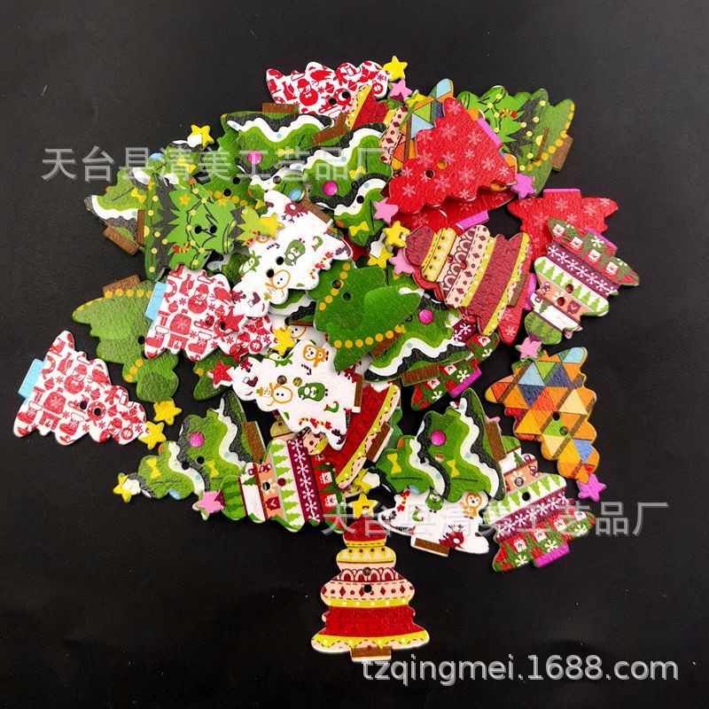26*35mm fondo blanco árbol de navidad botón de madera decoración de color impresión árbol de navidad serie