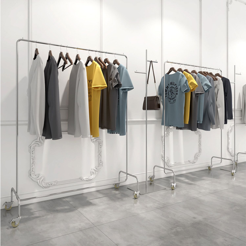 Cross-border Promotion Men's and Women's Clothing Store Floor Display Rack Nakajima Clothes Hanger Stainless Steel Silver Belt Pulley Display Rack