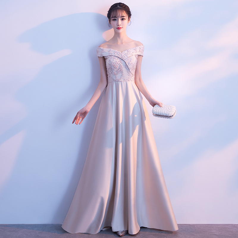 Banquete vestido de noche 2023 primavera nuevo estilo coreano elegante fuera del hombro largo adelgazamiento vestido de dama de honor para las mujeres