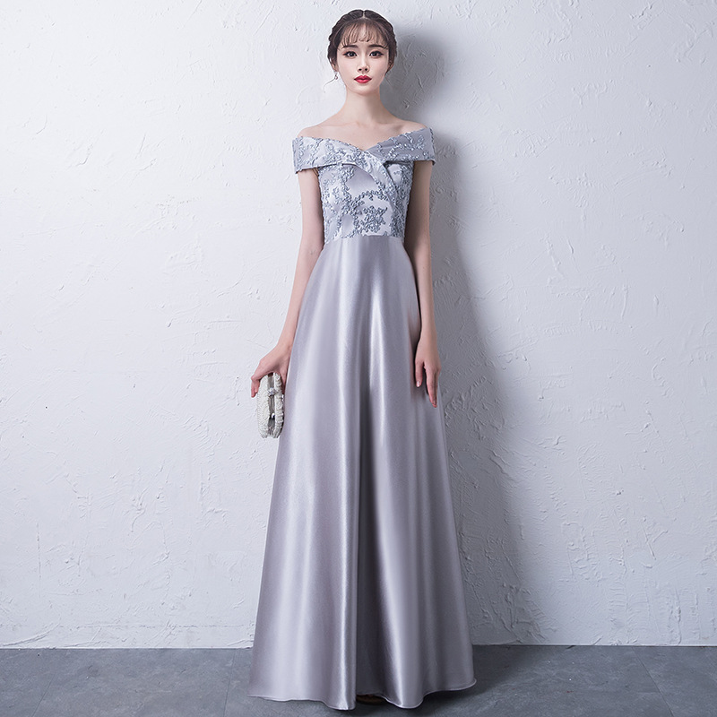 Banquete vestido de noche 2023 primavera nuevo estilo coreano elegante fuera del hombro largo adelgazamiento vestido de dama de honor para las mujeres image 9