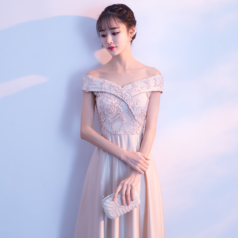 Banquete vestido de noche 2023 primavera nuevo estilo coreano elegante fuera del hombro largo adelgazamiento vestido de dama de honor para las mujeres image 3