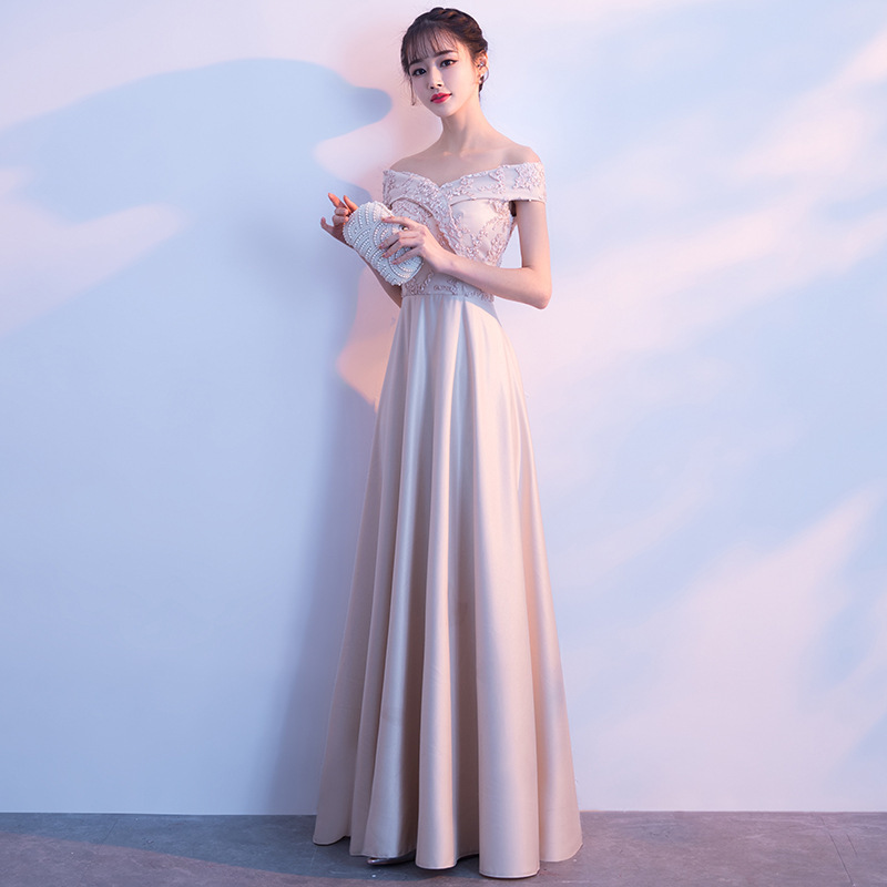 Banquete vestido de noche 2023 primavera nuevo estilo coreano elegante fuera del hombro largo adelgazamiento vestido de dama de honor para las mujeres image 4