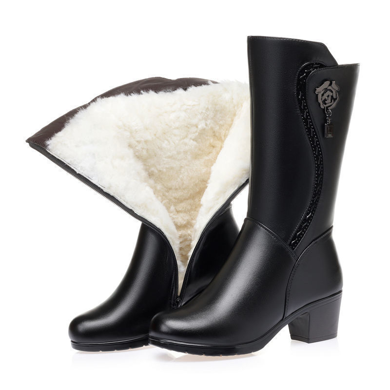 Winter Boots Women's Medium Boots with Velvet Warm High Heel Thick Heel Middle Heel Leather Boots High Boots Women's Boots Moms Cotton Shoes Winter Boots Women's Medium Boots with Velvet Warm High Heel Thick Heel Middle Heel Leather Boots High Boots Women's Boots Moms Cotton Shoes