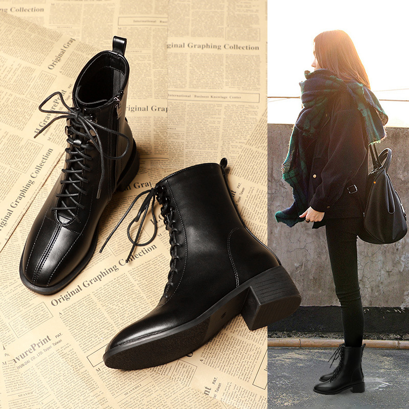 Women's Shoes new slim leg women's short boots mid tube boots lace up Martin boots versatile British style slim boots thick heels_voghion.com