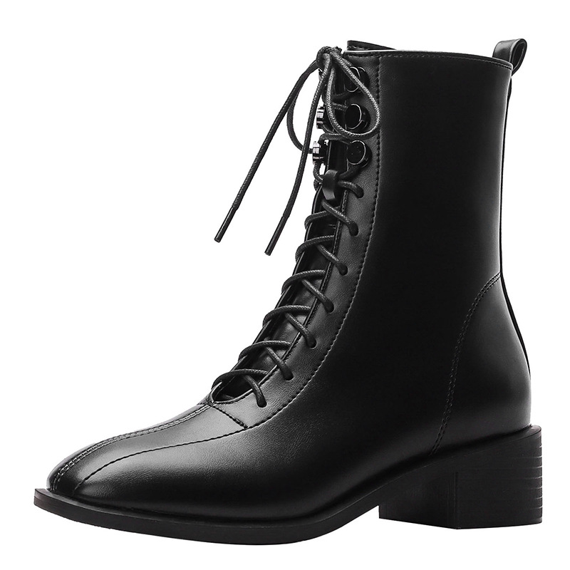 Women's Shoes new slim leg women's short boots mid tube boots lace up Martin boots versatile British style slim boots thick heels_voghion.com