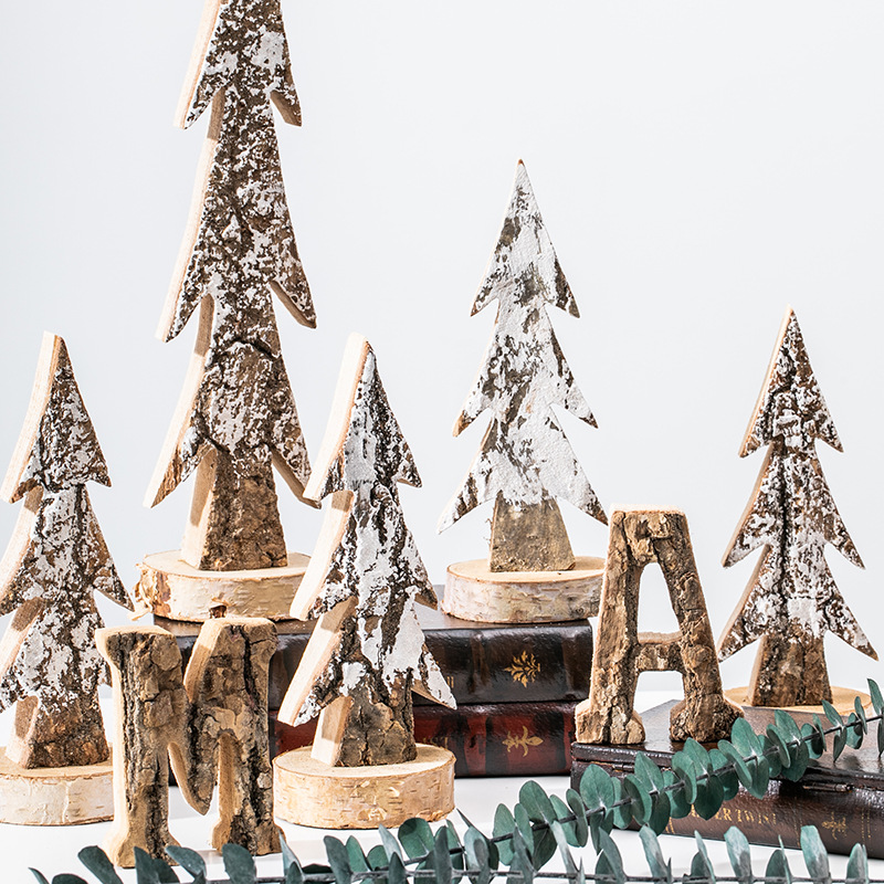 Decoración del árbol de Navidad de madera natural abedul blanco decoración de escritorio de madera de lecho decoración de ventanas de hotel mostrador pequeño árbol de Navidad