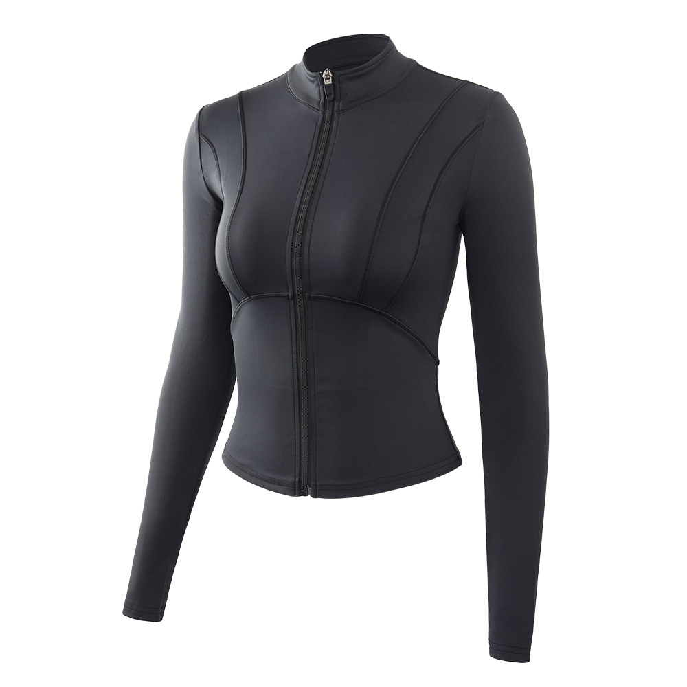 En stock Otoño e Invierno nuevo europeo y americano desnudo chaqueta deportiva Slim adelgazamiento yoga ropa mujer cremallera manga larga fitness top