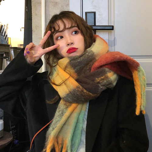 Rainbow Scarf Women's Autumn and Winter Imitation Cashmere Ins Plaid Versatile AC Same Style Shawl Dual-Purpose Thick Warm Scarf Trendy