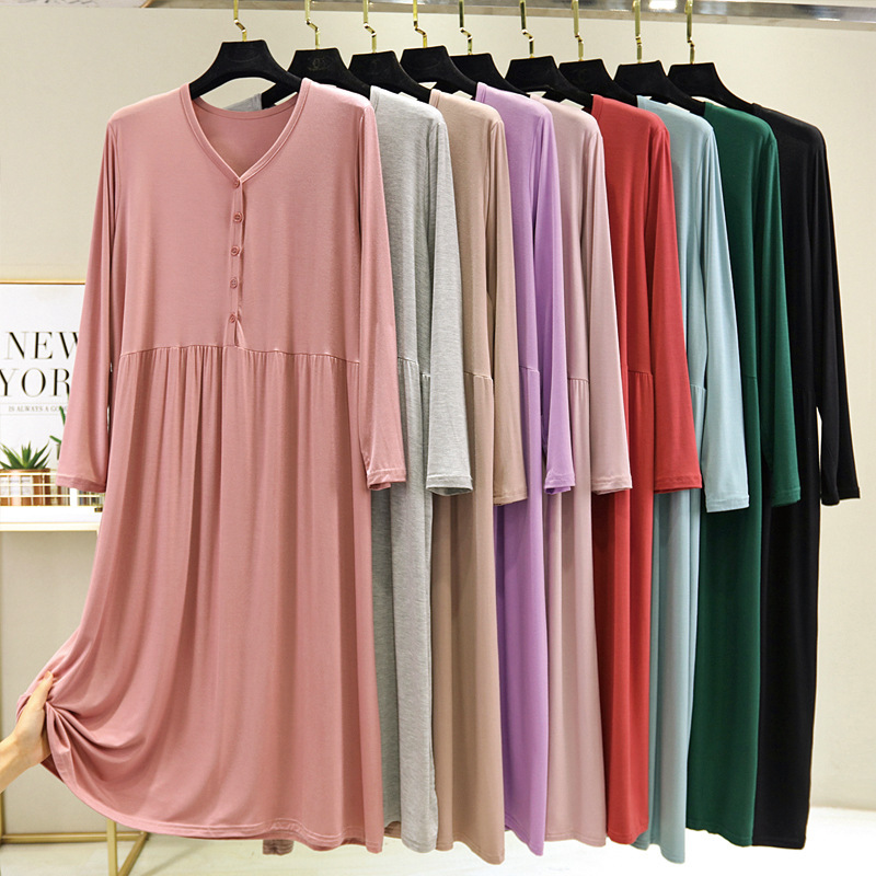 Modal Nightgown for Women, New Summer Style, Casual Loose Fit for Pregnant Women, Plus Size Long-Sleeve Long Dress with Buttons, Thin Home Wear