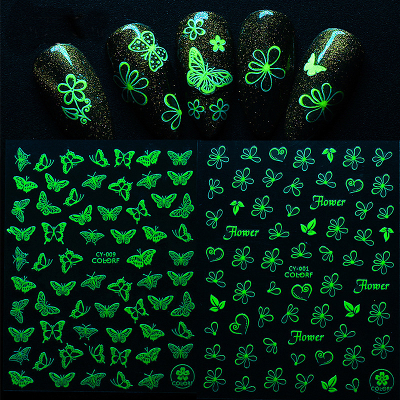 Cross-border new nail stickers ins small flower butterfly luminous stickers Halloween funny party party luminous nail stickers
