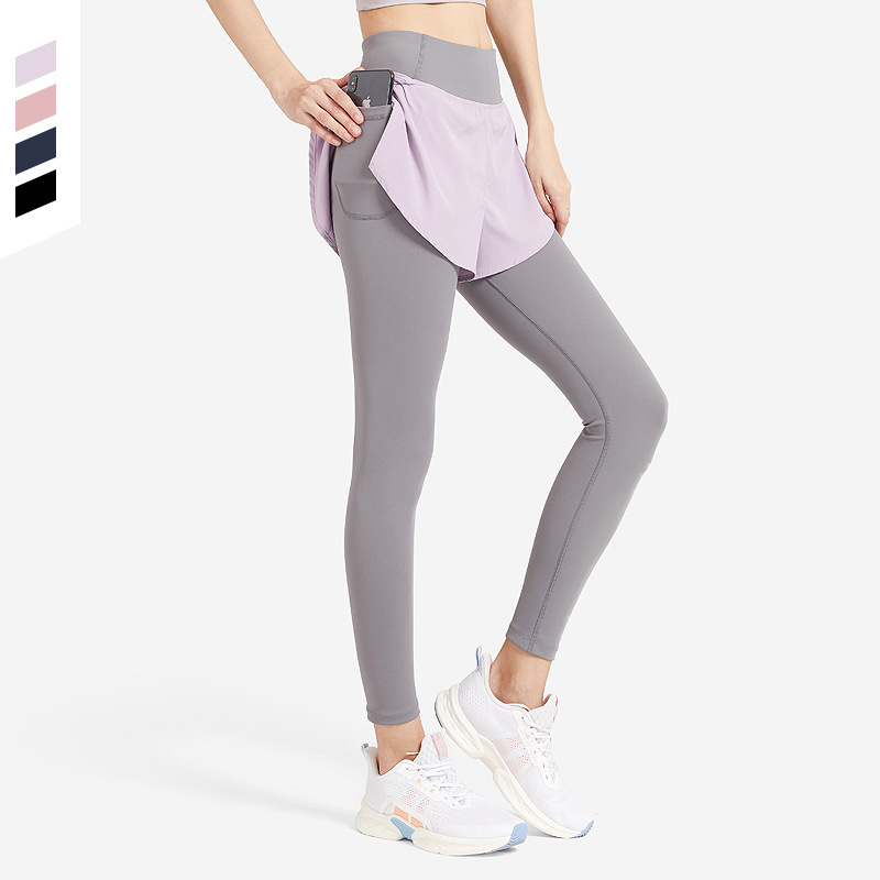 Desnudo falso de dos piezas pantalones de fitness cintura alta de las mujeres Levantamiento de cadera apretado flaco yoga pantalones corriendo estiramiento deportes pantalones recortados