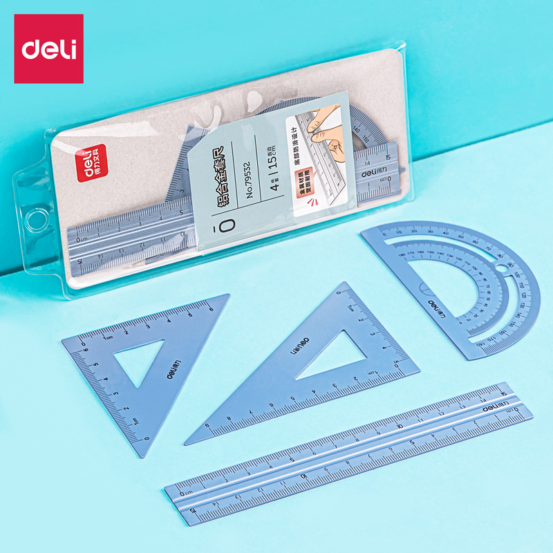Deli 79532 aleación de aluminio Conjunto de 4 piezas conjunto de regla Regla de triángulo placa de ángulo cuadrado transportador Doble escala regla de aleación de aluminio