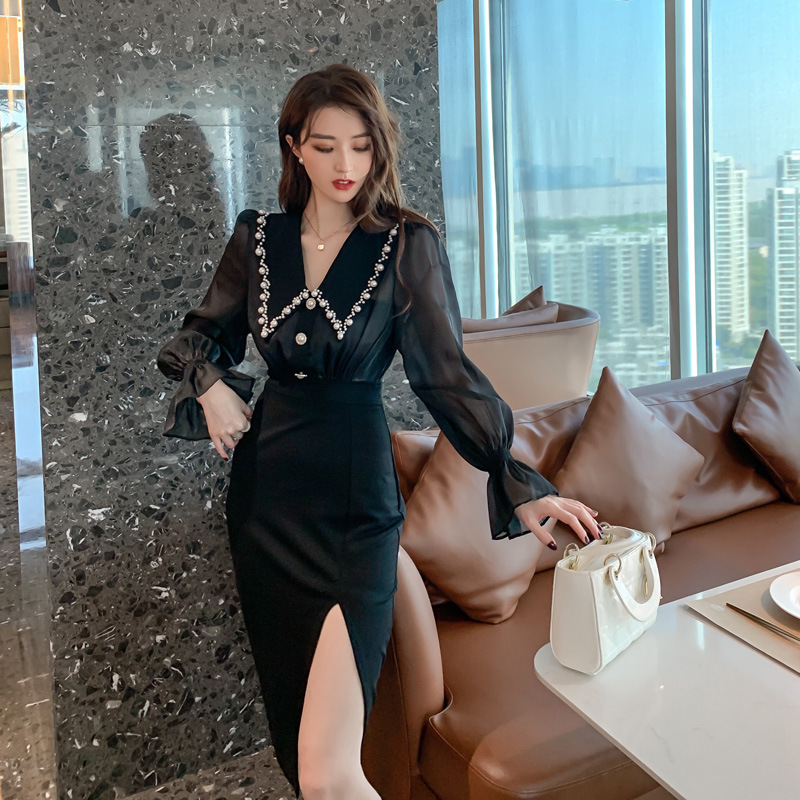 Đầm liền dài tay cổ búp bê xẻ tà ôm eo kiểu Pháp — Màu đen