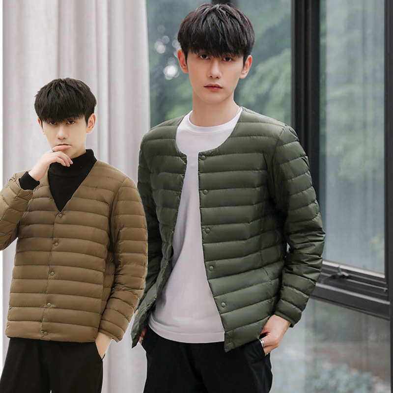 2026 Autumn and Winter New Men's Lightweight down Jacket Round Neck Short Style Japanese Fashion V-Neck Warm Long-Sleeved Jacket