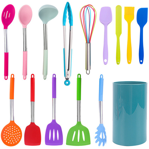 Amazon Hot Selling Black Stainless Steel Silicone Handle Kitchen Utensils 15-piece Set Storage Bucket Kitchen Tools Spatula