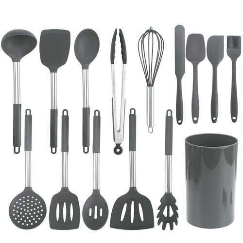 Amazon Hot Selling Black Stainless Steel Silicone Handle Kitchen Utensils 15-piece Set Storage Bucket Kitchen Tools Spatula