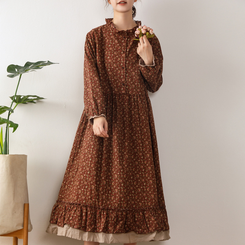 Pastoral Style Cotton and Linen Long Dress, Spring and Autumn Long-Sleeve Patchwork Loose Plus-Size Floral Dress for Women Pastoral Style Cotton and Linen Long Dress, Spring and Autumn Long-Sleeve Patchwork Loose Plus-Size Floral Dress for Women