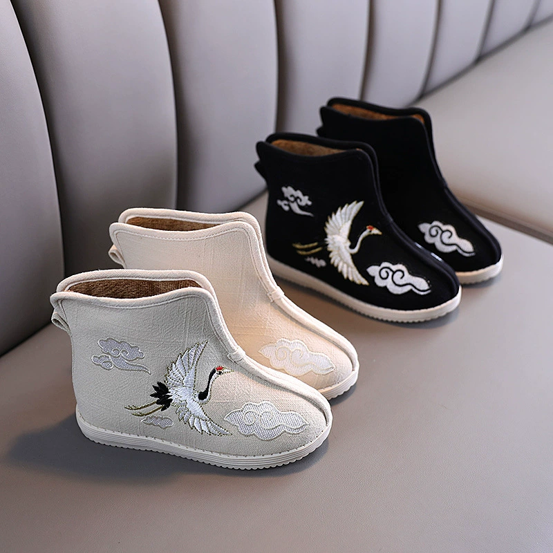 Главная Детская теплая хлопковая обувь Детская обувь с вышивкой журавля Старинные сапоги Обувь ханьфу Женская обувь с вышивкой в китайском стиле Мужская