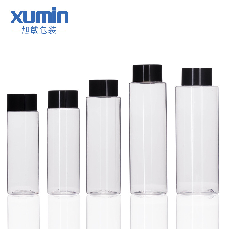 100-200ml Botella de tóner en stock botella de PET de hombro plano transparente cubierta negra Fahrenheit botella de rocío puro material de embalaje Xumin