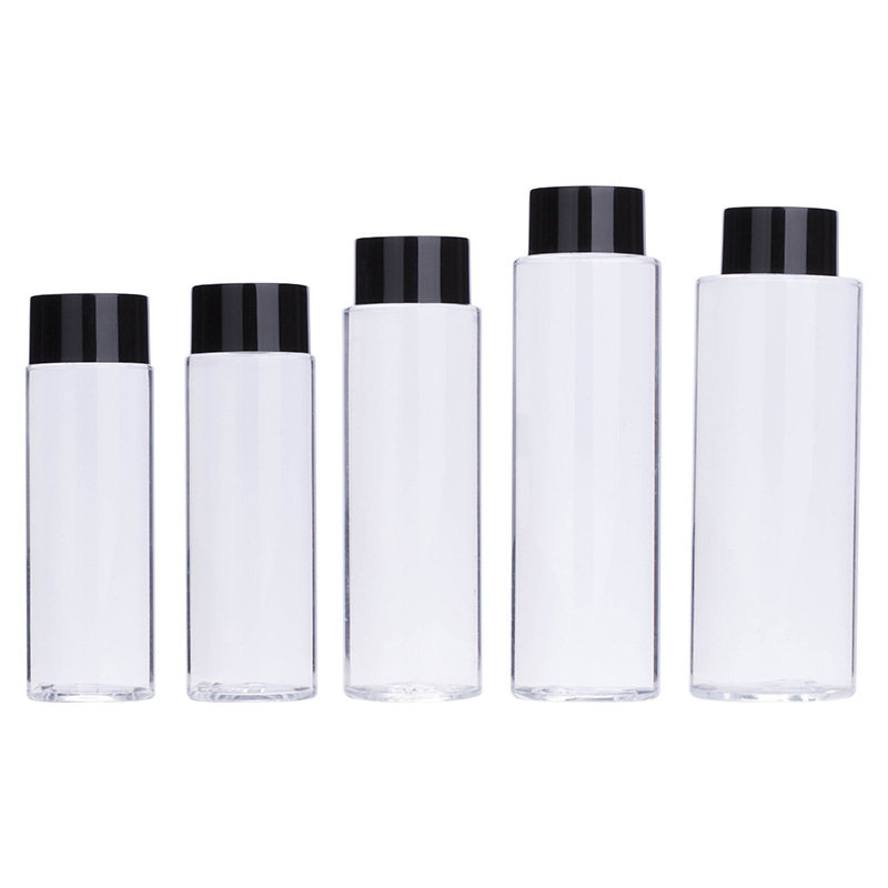 100-200ml Botella de tóner en stock botella de PET de hombro plano transparente cubierta negra Fahrenheit botella de rocío puro material de embalaje Xumin