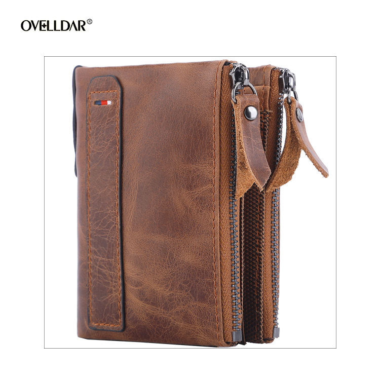 Factory Supply Genuine Leather Men's Wallet Short Fashion Coin Purse Crazy Horse Cowhide Double Zipper Wallet Cross-Border Dropshipping