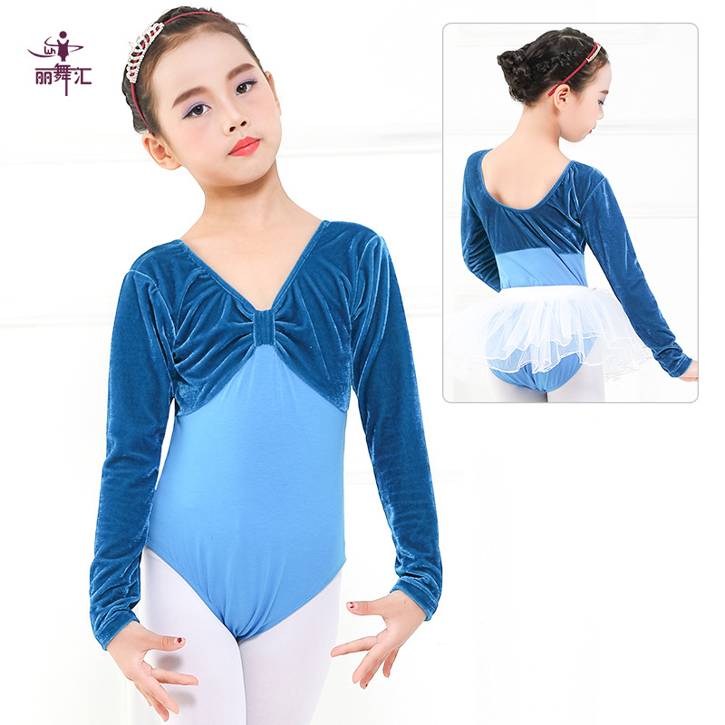 En stock de manga larga de primavera y otoño ropa de ballet ropa de práctica de una sola pieza para niños ropa de baile para niñas de terciopelo dorado ropa de clasificación de gimnasia