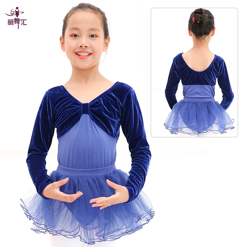En stock de manga larga de primavera y otoño ropa de ballet ropa de práctica de una sola pieza para niños ropa de baile para niñas de terciopelo dorado ropa de clasificación de gimnasia