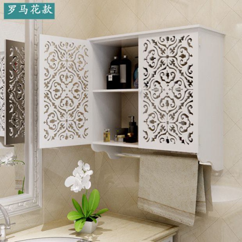 Nuevo baño estante de almacenamiento inodoro lavabo Toalla de almacenamiento Punch-libre montado en la pared tallado colgante gabinete