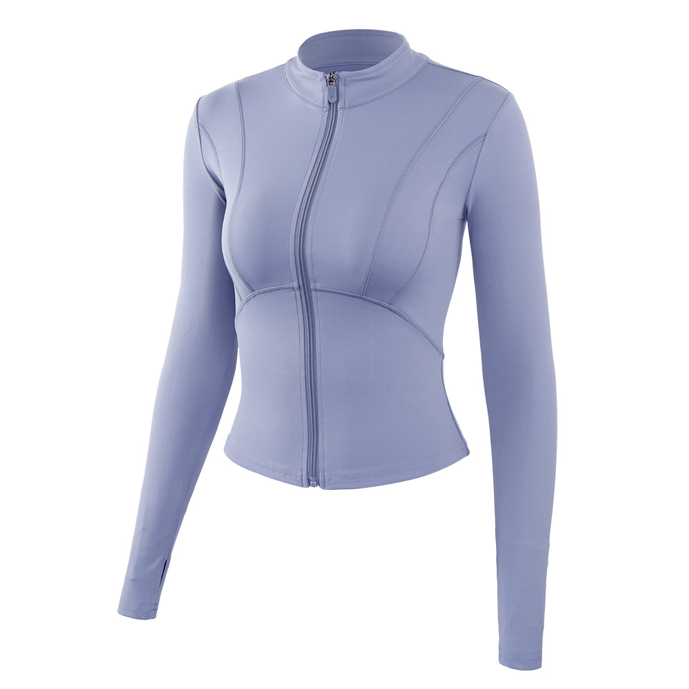 En stock Otoño e Invierno nuevo europeo y americano desnudo chaqueta deportiva Slim adelgazamiento yoga ropa mujer cremallera manga larga fitness top