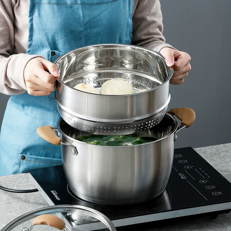 BoAnSi 304 Stainless Steel Soup Pot with double handles, thickened bottom, household steamer & grid