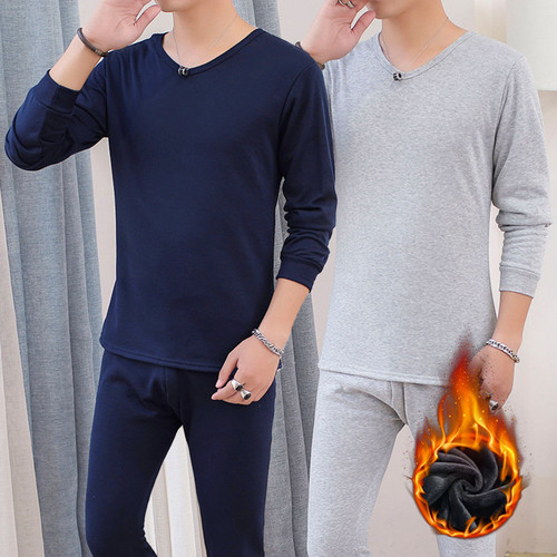 Men's Warm Thermal Innerwear Set with Fleece and Thick Padding Autumn/Winter Youth Large Size Cold-Proof Top and Bottom Set