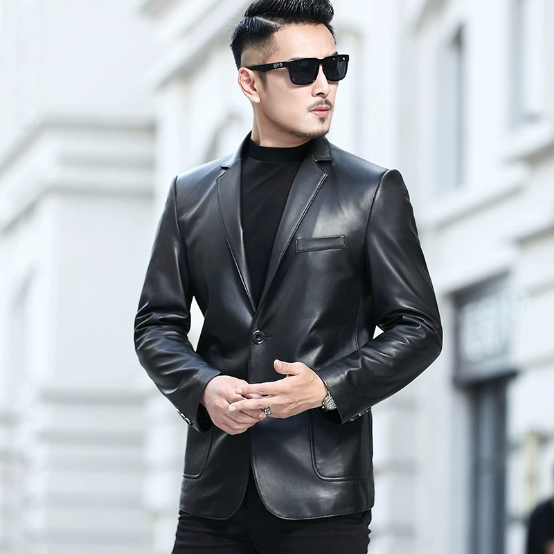 Короткий костюм, пиджак для отдыха, натуральная кожа, slim fit