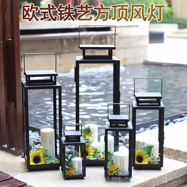 Portavelas de hierro estilo europeo para exteriores, decoración portátil de cristal retro, lámpara de piso grande, ideal para bodas y hoteles