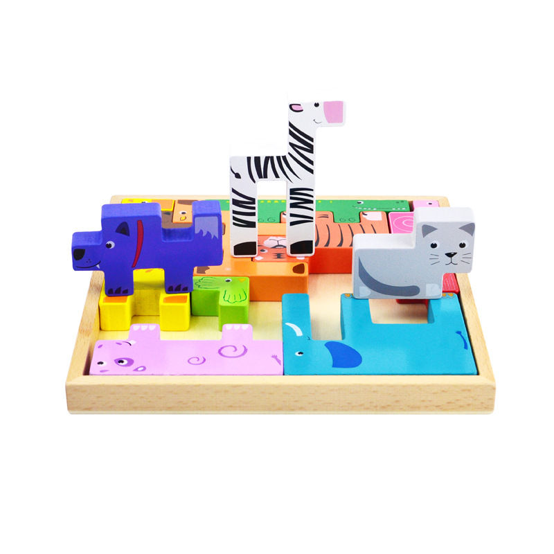Rompecabezas de animales para niños, bloques de construcción Tetris de madera, juguetes de educación temprana para jardín de infantes de 3 a 6 años, madera de haya ecológica