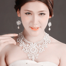 新款晚会礼服配饰品项链耳环两件套蕾丝珍珠套链项饰新娘饰品T006