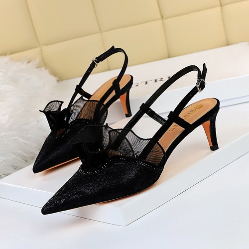 313-A5 Western and European Style Fashion Evening Women's Shoes High Heel Open Toe Pointed Toe Net Lace Flower Edge Hollow Strap Sandals