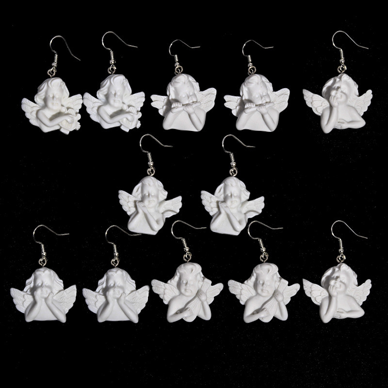 Handmade Japanese Cute Cupid Archery Angel Gypsum Asymmetric Earrings Funny Fun Ear Clip Shake Tone Same Style