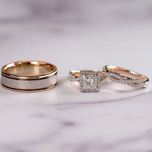 Cross-border best-selling three-piece ring set, rose gold color-coded sparkling zircon ring, luxury engagement ring for European and American ladies