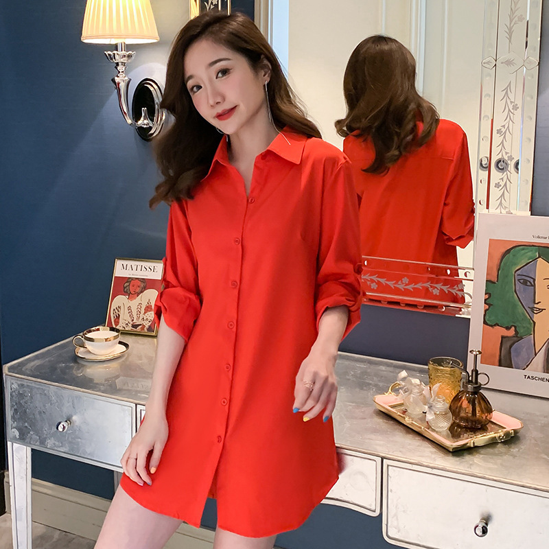 Mid-Length Shirt for Women, Long-Sleeved Student Korean Style Loose Large Size Versatile White Spring and Summer New Bottoming Shirt for Slimming