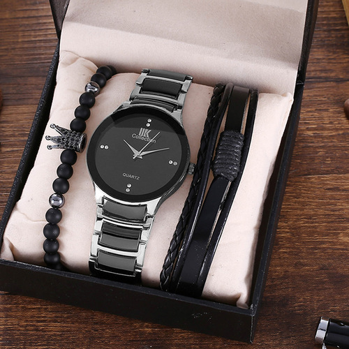A07060 Men's Fashion Trendy Business Elegant British Style Steel Strap Quartz Watch and Bracelet Set