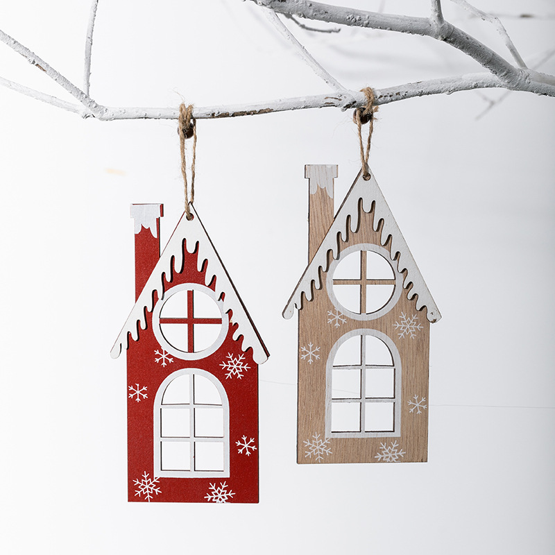Madera pintada a mano pequeña casa colgante blanco rojo decoración de Navidad nórdica ins colgante colgante ins viento